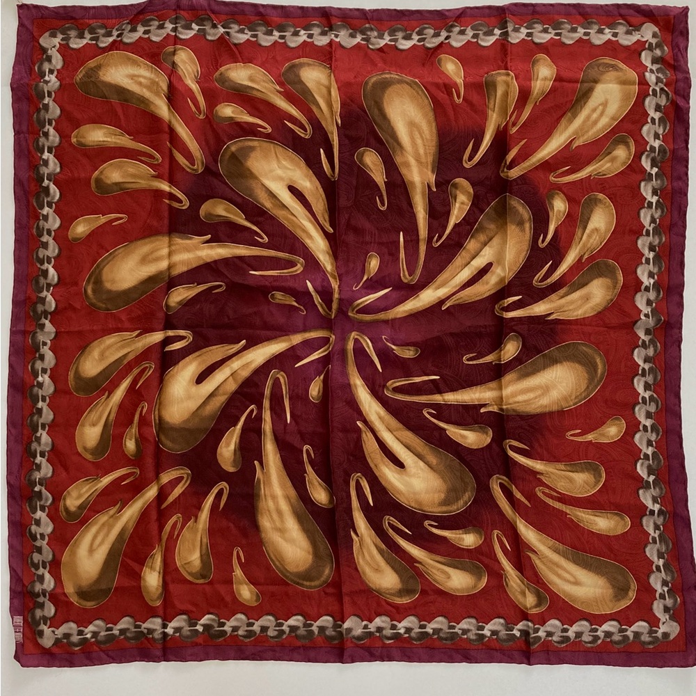 Large Paisley Silk Scarf, Terracotta, Burgundy, Gold, Jaquard, NWT - Picture 8 of 9